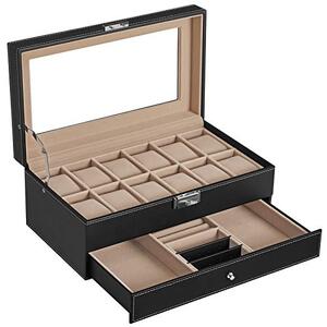 Cutie pentru ceasuri de mana, Songmics, Negru, 33x19.5x14 cm