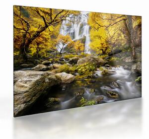 Tablou pe sticlă - Cascade în peisaj de toamnă, galben (70x50 cm)