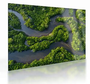 Tablou pe sticlă - Peisaj forestier cu râu (70x50 cm)
