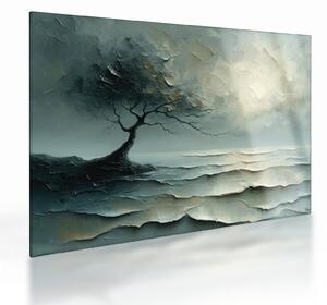 Tablou pe sticlă - pictură în ulei de un copac cu oceanul (70x50 cm)