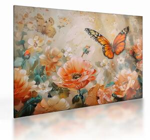Tablou pe sticlă - Fluture și flori, pictură în ulei (70x50 cm)