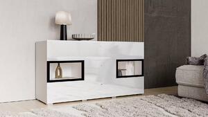 Comodă, 2 uși și 3 sertare, culoare alb cu negru, LED-uri, 132 cm lungime