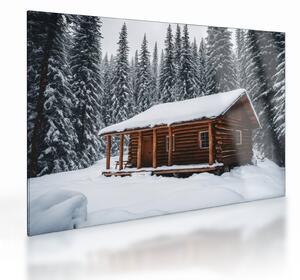 Tablou pe sticlă - Cabană acoperită de zăpadă (70x50 cm)