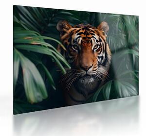 Tablou pe sticlă - Portretul unui tigru în junglă (70x50 cm)