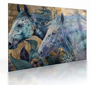 Tablou pe sticlă - Cai cu fundal auriu (70x50 cm)