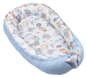 Cosulet patut bebe tip baby nest din bumbac 90x50 cm, cu doua fete Kidizi Tiny Adventures, albastru, lavabil la masina automata