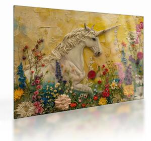 Tablou pe sticlă - Unicorn cu flori (70x50 cm)