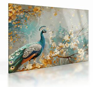 Tablou pe sticlă - Păun cu decor de aur (70x50 cm)