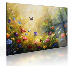 Tablou pe sticlă - Pajiște cu flori de primăvară, pictură (70x50 cm)