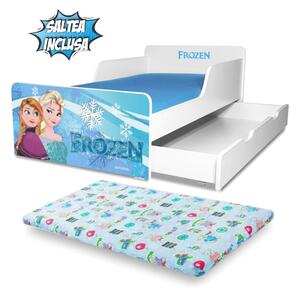 Pat Fete Start Frozen recomandat copiilor 2-12 ani, varianta cu saltea + sertar incluse- PC-P-MK-FRZ-SRT-80