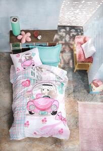 Set lenjerie de pat pentru tineret Paris Love Ranforce alb Roz Mentă