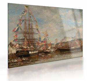 Tablou pe sticlă - Eugène Boudin, Festival in the Harbor of Honfleur, reproducere (70x50 cm)