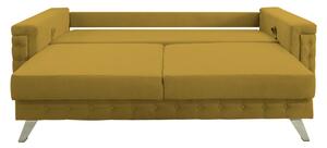 Canapea extensibila Omega, cu lada de depozitare si picioare argintii, stofa p48 galben mustar, 230x105x80