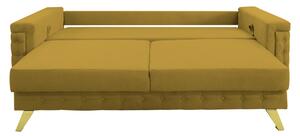 Canapea extensibila Omega, cu lada de depozitare si picioare aurii, stofa p48 galben mustar, 230x105x80