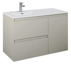 Dulap bază lavoar baie suspendat Jungborn DECEM 100 cm MDF fume mat 2 sertare 1 coș rufe dreapta