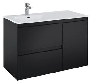 Dulap bază lavoar baie suspendat Jungborn DECEM 100 cm MDF negru mat 2 sertare 1 coș rufe dreapta