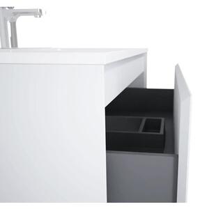 Dulap bază lavoar baie suspendat Jungborn DECEM 120 cm MDF alb lucios 2 sertare 1 coș rufe dreapta
