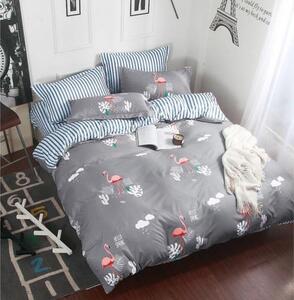Lenjerie de pat dublă gri cu motiv exotic flamingo 4 părți: 1buc 160 cmx200 + 2buc 70 cmx80 + cearșaf de pat