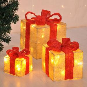 HI Cutie cadou de Crăciun iluminată cu LED, cu fundiță roșie, 3 buc. 75019