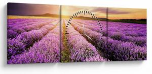 Tablou - Răsărit de soare în câmp de lavandă (cu ceas) (90x30 cm)