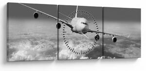 Tablou - Avion în nori, alb și negru (cu ceas) (90x30 cm)