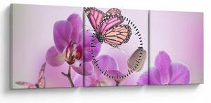 Tablou - Fluture pe flori de orhidee, liliac (cu ceas) (90x30 cm)