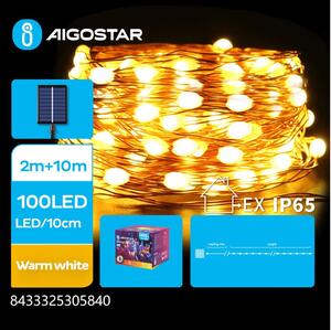 Aigostar - Ghirlandă solară LED 100xLED/8 funcții 12m IP65 alb cald
