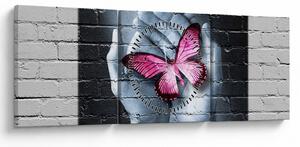 Tablou - Fluture roz în perete (cu ceas) (90x30 cm)