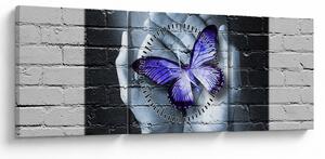 Tablou - Fluture violet pe perete (cu ceas) (90x30 cm)