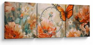 Tablou - Fluture și flori, pictură în ulei (cu ceas) (90x30 cm)
