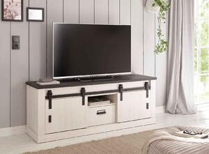 Comoda TV ~Hayak~ cu aspect de lemn, uși tip hambar, culoare alb-negru, 161 cm