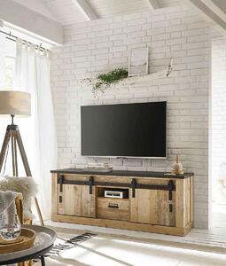 Comoda TV ~Hayak~ cu aspect de lemn, uși tip hambar, culoare maro-negru, 161 cm lățime