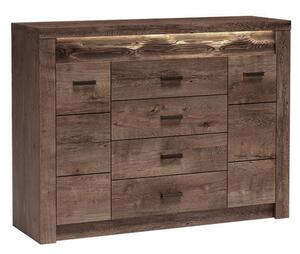 Comoda INDIANAPOLIS I7, frasin inchis, PAL laminat, cu 4 sertare, 2 usi si iluminare led, 137x42x103.5 cm