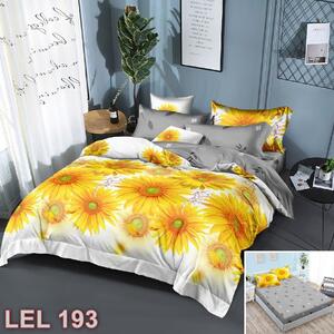 Lenjerie de pat, 2 persoane, finet, 6 piese, cu elastic, alb si gri, cu flori galbene, LEL193