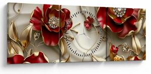 Tablou - Flori 3D Roșu-Auriu (cu ceas) (90x30 cm)