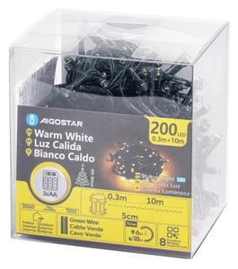 Aigostar - Ghirlandă LED pentru exterior, 200 LED, 8 funcții, 3xAA, 10,3 m, IP44, alb cald