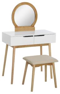 HOMCOM Coafetoare Design scandinav Masă de Machiaj cu Oglindă, 2 sertare și Taburet Alb pin Deschis | Aosom Romania