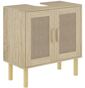 HOMCOM Mobila baie sub chiuveta mobilier sub chiuveta usi din rachita picioare din lemn de pin 2 nivele 60 x 30 x 60 cm stejar | Aosom Romania