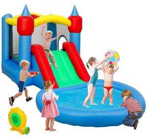 AIYAPLAY Castel gonflabil 4 în 1 cu tobogan, coș de baschet, piscină cu bile, ventilator 370W, 415 x 205 x 190 cm | Aosom Romania
