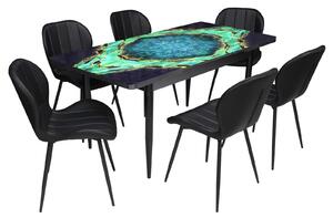 Set masă extensibilă Crystal cu 6 Scaune Piele Ecologică Topaz Negru
