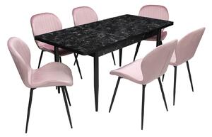 Set masă extensibilă Aris Negru Marmorat cu 6 scaune Opal Roz