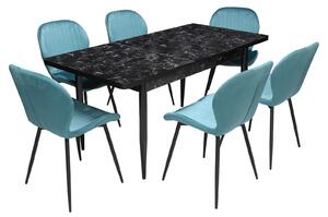 Set masă extensibilă Aris Negru Marmorat cu 6 scaune Opal Turcoaz