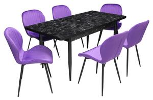 Set masă extensibilă Aris Negru Marmorat cu 6 scaune Opal Mov