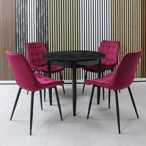 Set Masă Aris Rotundă Negru Marmorat cu 4 Scaune Onix Bordo