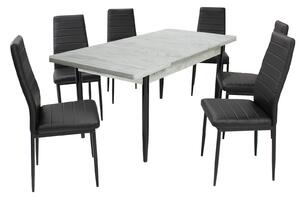 Set masă extensibilă Aris Ash White cu 6 scaune Oscar Negru Piele Ecologică