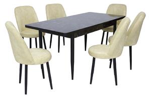 Set masă extensibilă Aris Negru Marmorat cu 6 scaune Cronos Crem
