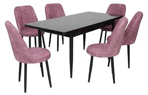 Set masă extensibilă Aris Negru Marmorat cu 6 scaune Cronos Roz