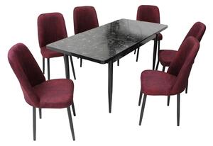 Set masă extensibilă Aris Negru Marmorat cu 6 scaune Artemis Bordo