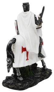 Statueta Cavaler Medieval Templier pe Cal 22 cm, alb cu rosu