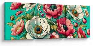 Tablou - Flori pe fundal albastru (cu ceas) (90x30 cm)